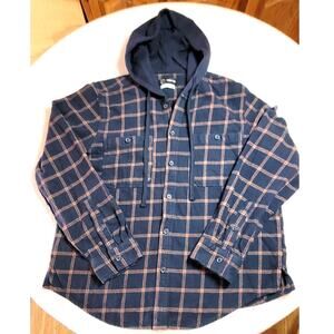Original Use Mens Button Down Flannel Shirt L Hooded Shacket Navy Double Pockets